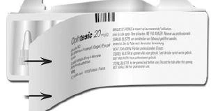 Close-up of the Ophtesic 20 mg medication package with a black barcode and two black arrows pointing to the sides of the blister