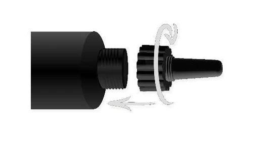 Black tip of the device with notches, which should be twisted according to the curved arrow and attached to the main body of the medication