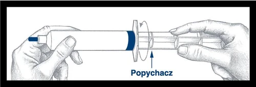 Дві руки тримають білий шприц, одна рука стабілізує пристрій, а друга обертає кільце з написом «Попічач» для введення ліку