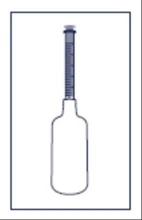Schematic vertical silhouette of a glass vial with a characteristic screw cap and a measuring scale on the upper part of the container