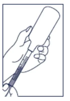 Two hands holding a syringe positioned diagonally, showing the measurement scale on the plunger and the needle pointing downward toward the lower left corner