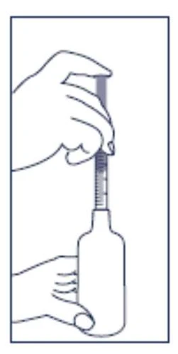 Hands holding vertically a glass vial with a long, narrow neck featuring a measurement scale for precise medication dosing