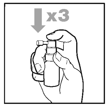 Mano sosteniendo un frasco con atomizador, presionando la boquilla pulverizadora, sobre la cual hay una flecha dirigida hacia abajo y el símbolo de repetición x3