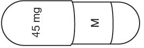 Black and white capsule divided into two parts, marked with '45 mg' and the letter M