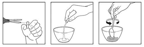 Three illustrations showing cutting the capsule with scissors, pouring its contents into a bowl, and mixing the powder with a spoon inside the container
