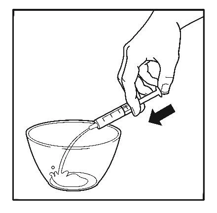 Hand holding a syringe dispensing liquid into a glass bowl, with a black arrow indicating the direction of movement