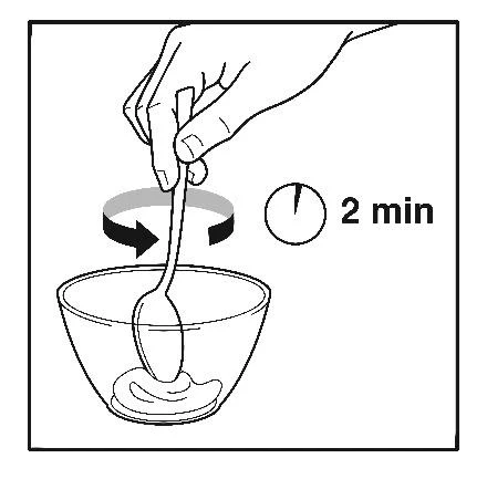 Hand holding a spoon mixing the contents of a bowl, with a clock symbol showing '2 min' indicating the mixing time