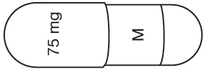Capsula bianca schematica con la scritta 75 mg sulla parte sinistra e la lettera M sulla parte destra, mostrata in vista orizzontale