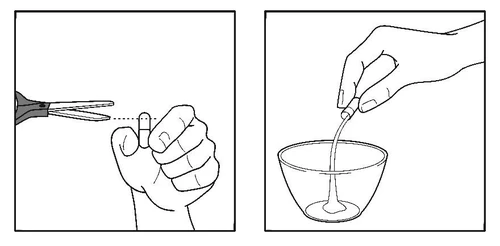 La mano sinistra tiene una capsula che deve essere tagliata con le forbici, mentre la mano destra versa il contenuto della capsula in una ciotola di vetro