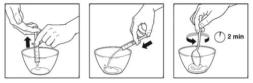 Tres ilustraciones que muestran la preparación del medicamento: introducir la jeringa en el recipiente, exprimir el líquido y mezclar el contenido con una cuchara durante dos minutos