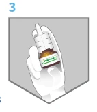 Mano con guanto bianco che tiene verticalmente una fiala di vetro con pipetta ed etichetta verde su sfondo grigio, all'interno di una cornice a forma di disco