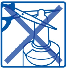 A blue icon showing scissors cutting a medication bottle, with a large prohibition sign (crossed circle) indicating that scissors must not be used.