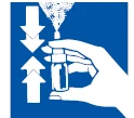 Mano che tiene un piccolo flacone con una sostanza nebulizzata nella parte superiore, accanto a due frecce bianche puntate l'una verso l'altra in basso e in alto