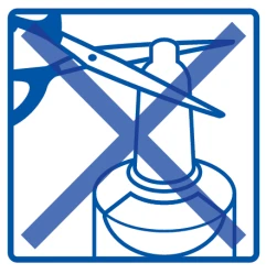 Blue icon showing scissors and a medicine bottle with a large cross symbol prohibiting their use