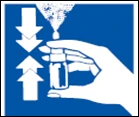 White hand holding a small medicine bottle emitting a sprayed mist, surrounded by two white arrows pointing toward each other
