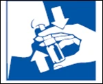 Profile view of a person holding an inhaler at the nose, with arrows indicating the direction of inhaling the medication into the respiratory tract
