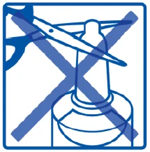 Blue icon showing scissors cutting a vial of medication, crossed out with a large X, symbolizing prohibition of opening the container
