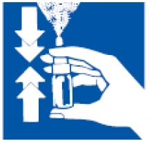 Hand holding a small bottle with a mist sprayed at the top, surrounded by two white arrows pointing down and up on a blue background