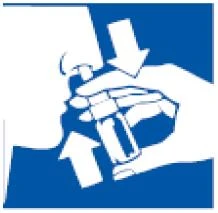 Side profile of a person holding an inhaler to their nose and mouth, with two white arrows indicating the direction of airflow during inhalation