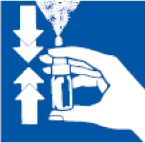 White hand holding a spray bottle, surrounded by two white arrows pointing towards each other vertically on a blue background