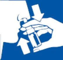 Profile of a face with a hand holding an inhaler at the nose, white arrows indicating the direction of inhaling the medication into the nostril on a blue background