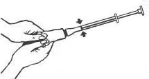Two hands are holding and unscrewing the syringe tip, as indicated by arrows pointing toward each other at the device connection