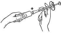 Two hands holding a syringe, one stabilizing the device body and the other pressing the plunger toward the syringe indicated by a black arrow