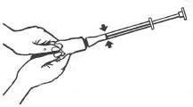 Two hands holding a syringe at an angle, one stabilizing its base while the other moves the plunger downward in the direction shown by black arrows indicating motion