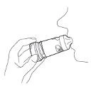Line drawing depicting a hand holding a small inhaler or container placed at a person's mouth for medication intake