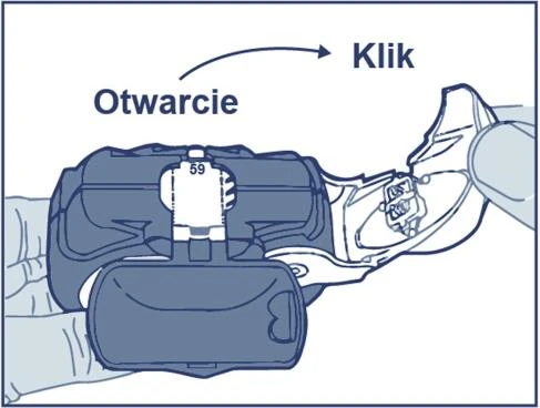 Hands holding a medical device marked 'Opening' with an arrow indicating the direction of movement until a 'Click' sound is heard