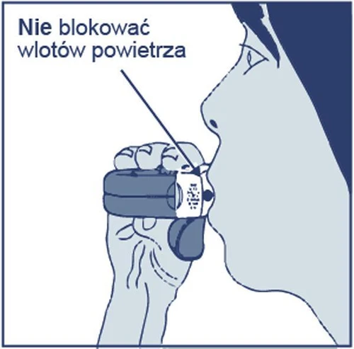 Side view of a person's face holding an inhaler to the mouth, with a line pointing to the device's ventilation openings and a note stating 'Do not block air inlets'