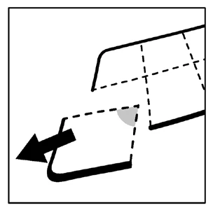 Schematic black arrow indicating the direction of peeling or opening parts of the packaging, with marked cutting lines and dashed edges