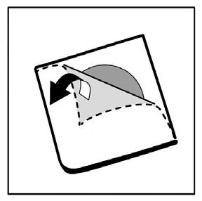 Schematic illustration of peeling or folding back the corner of a white paper sheet, indicated by a black arrow pointing to the left
