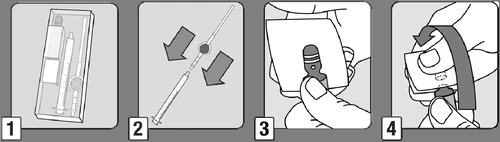 Four instruction diagrams: an open box with a kit, a syringe with two arrows indicating direction, a hand holding an ampoule, and a hand unscrewing a cap