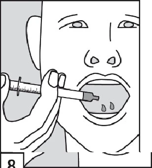 Illustration showing a hand holding a syringe, the tip of which is inserted into the open mouth of a person to administer medication