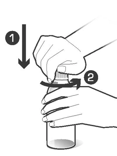 Hands holding a bottle, the upper hand pressing down while the lower hand performs a rotational movement according to the numbered black arrows 1 and 2