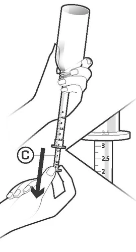 Hands holding a syringe showing a millimeter scale, and a black arrow indicating the direction of the plunger movement downward to draw in fluid