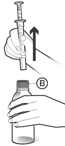 Hand holding a syringe with a black arrow pointing upward and another hand gripping a glass vial labeled B