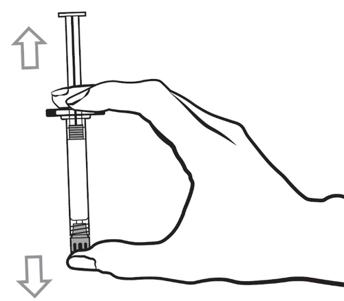 Hand holding a syringe with two arrows indicating upward and downward movement of the plunger to measure the medication dose