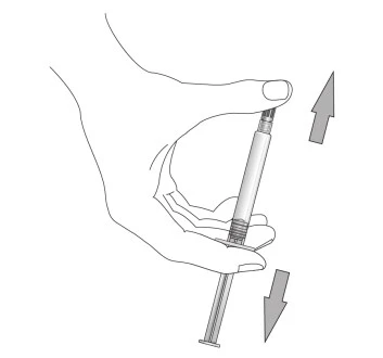 Hand holding a syringe with two arrows indicating upward and downward plunger movement to adjust medication dose