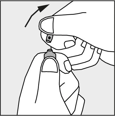 Hands holding a medical device, one hand lifting the upper part of the housing upward, indicated by a black arrow pointing to the left
