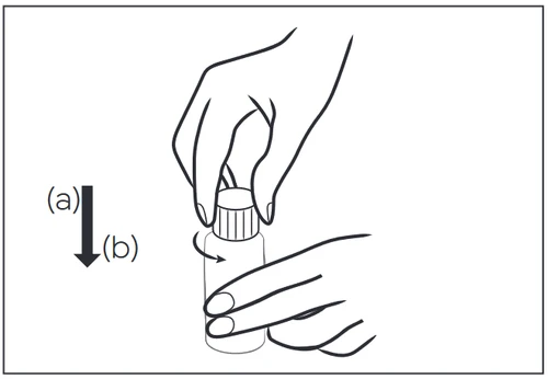 Hands holding a vial with a cap, a downward arrow and a curved arrow around the vial indicating rotational movement of the cap