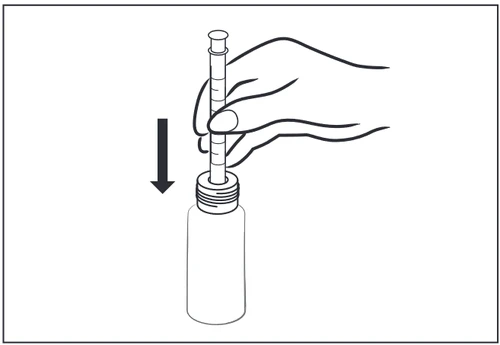 Hand holding a syringe moving downward toward the vial's opening, indicating the direction of movement shown by a black arrow
