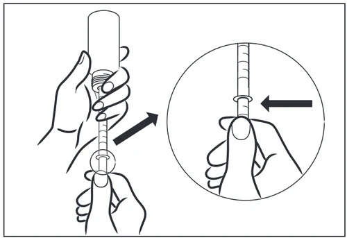 Hands holding a syringe with a moving plunger, a close-up enlargement shows a finger pressing on the syringe's rubber plunger element