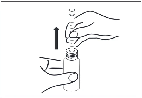Right hand holding the syringe and pulling it vertically upward out of the vial held by the left hand, with a black arrow next to the syringe