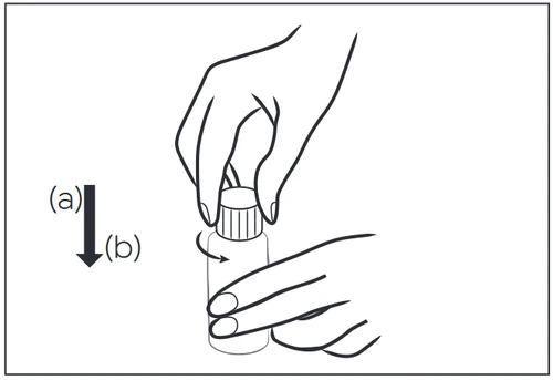 Hands holding a small bottle with a cap, a downward arrow and a curved arrow indicating rotational movement of the cap