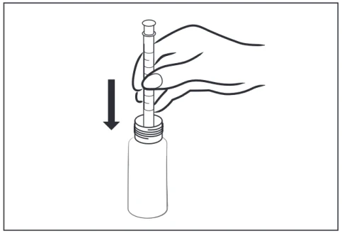 Hand holding a syringe being inserted vertically into the vial's opening, indicated by a black downward arrow