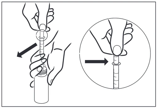 Hands holding a syringe above a vial, an arrow indicating the movement of withdrawing the plunger, along with an enlarged detail of a hand pressing the syringe's plunger