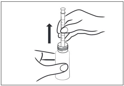 Hand holding a syringe lifting it vertically upward out of the vial, indicated by an upward-pointing arrow next to the container held by the other hand