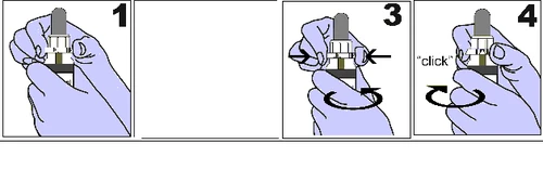 Medication administration instructions: hands holding the device, pressing the sides in step 3, and twisting with a click sound in step 4